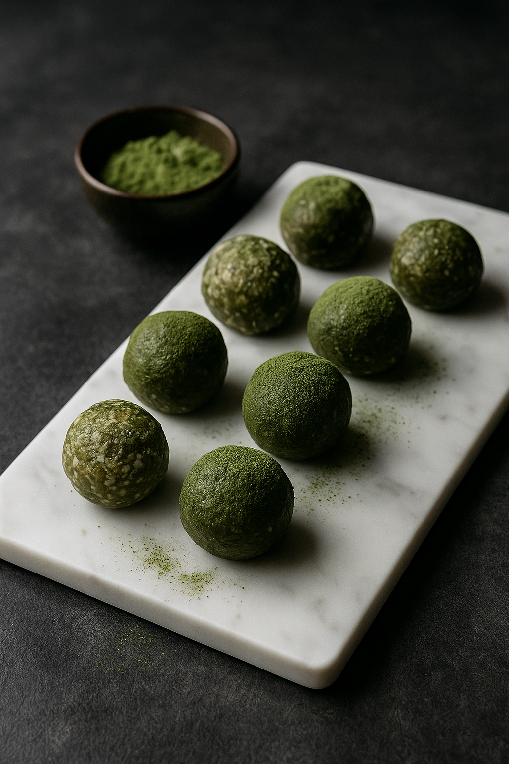No-bake matcha energy bites with oats arranged on a parchment-lined tray
