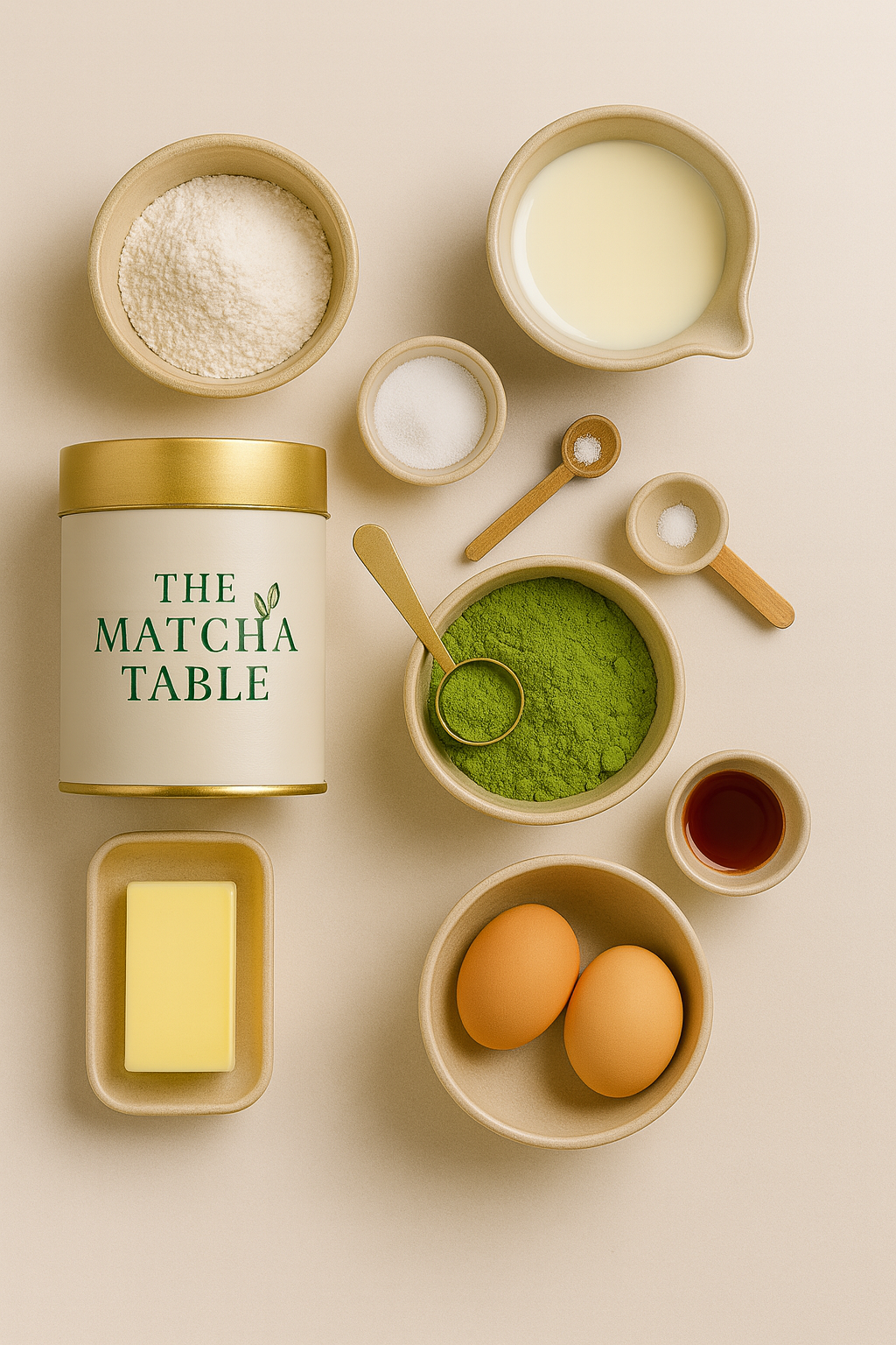 Ingredients for matcha Swiss roll including ceremonial-grade matcha, eggs, sugar, flour, cream, and vanilla