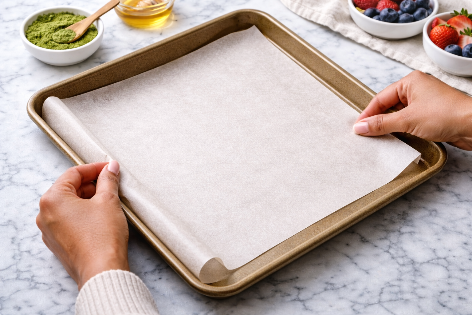 Lining a baking sheet with parchment paper for matcha yogurt bark