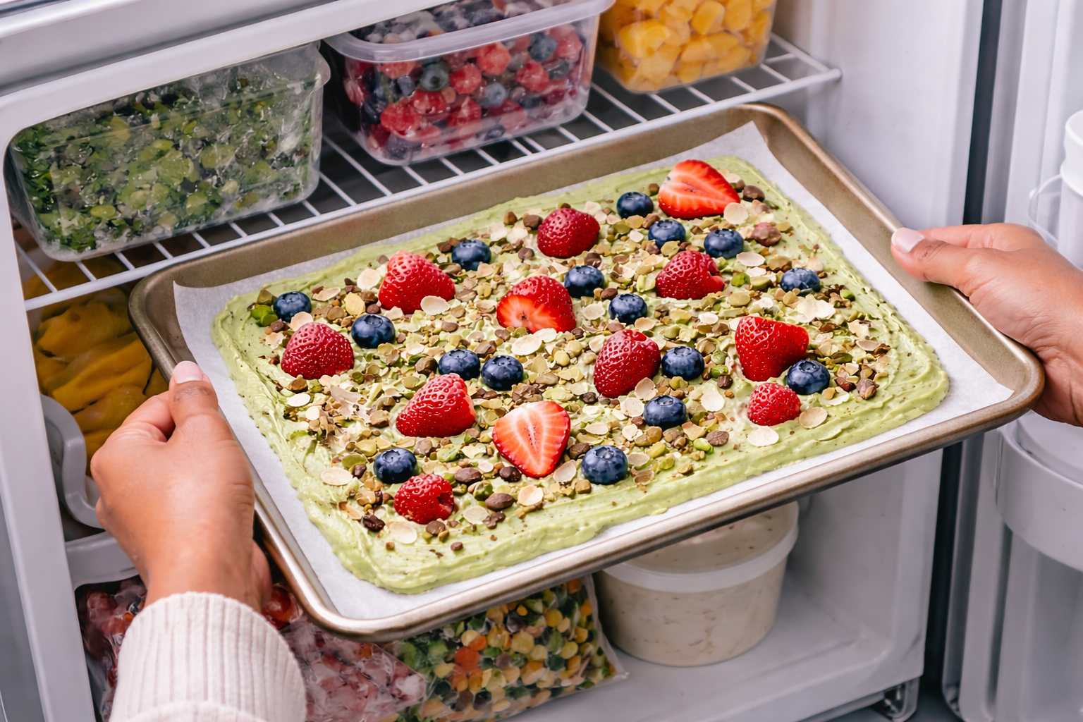 Freezing matcha yogurt bark until firm