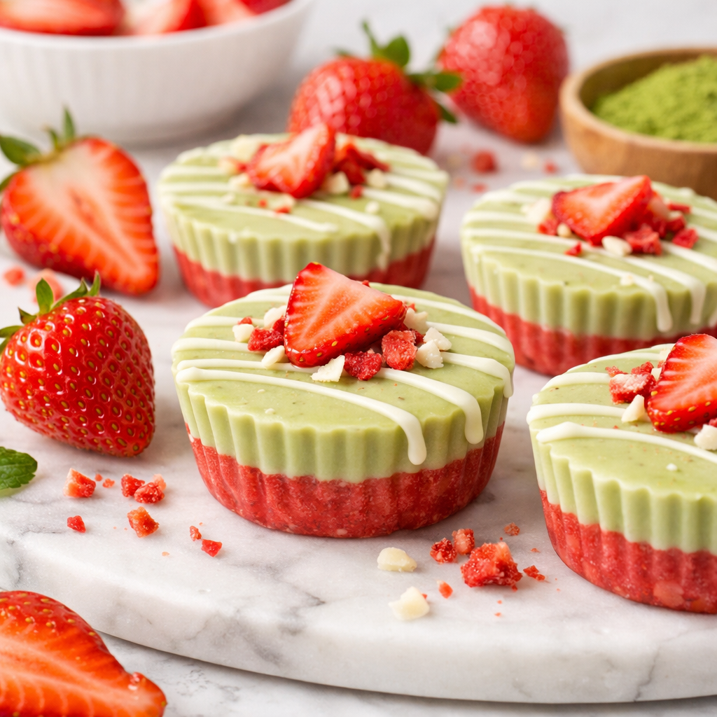 Strawberry matcha freezer cups layered with creamy green matcha and fresh strawberry filling on a marble surface