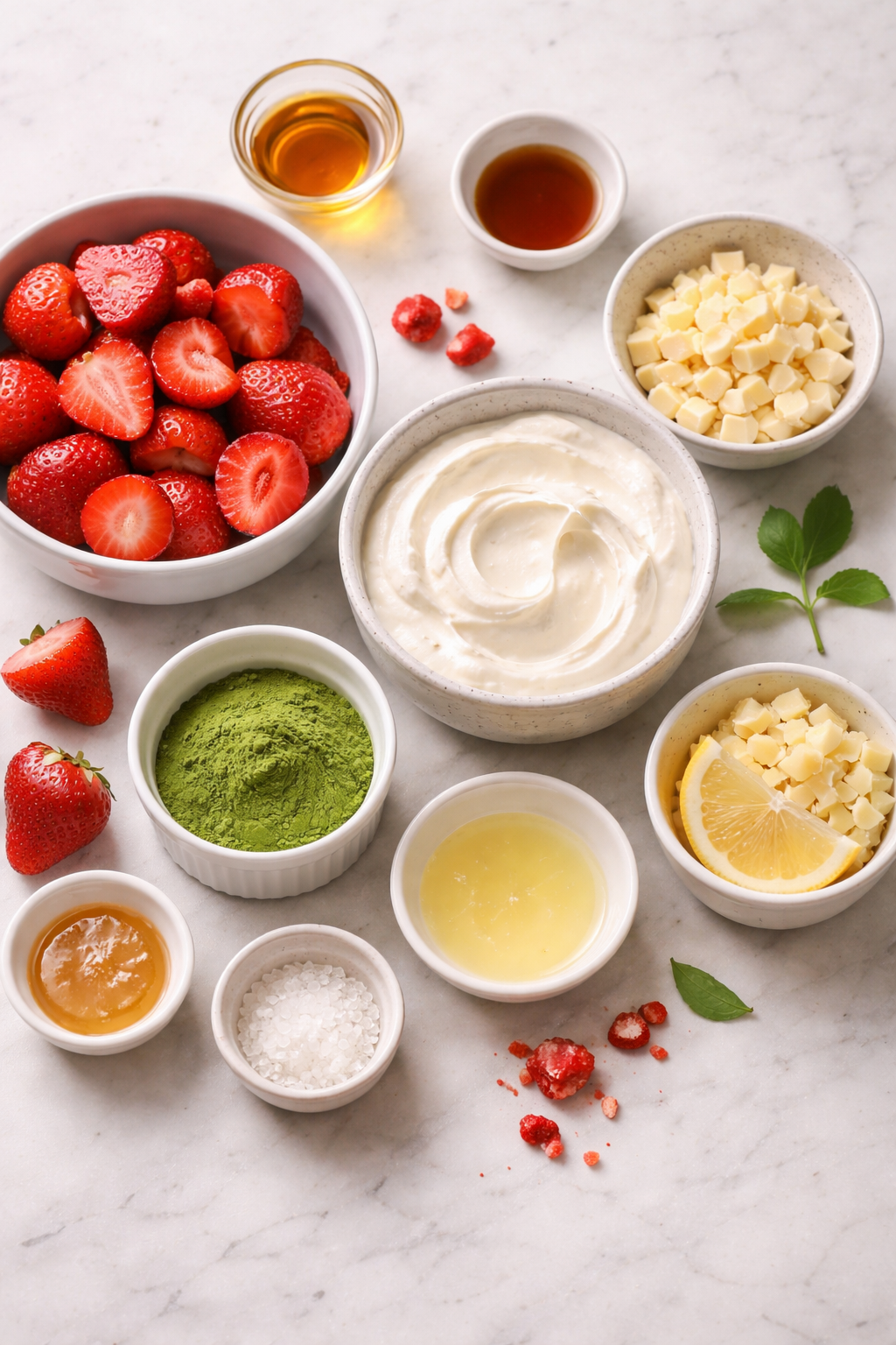 Ingredients for strawberry matcha freezer cups including fresh strawberries, matcha powder, yogurt, and white chocolate