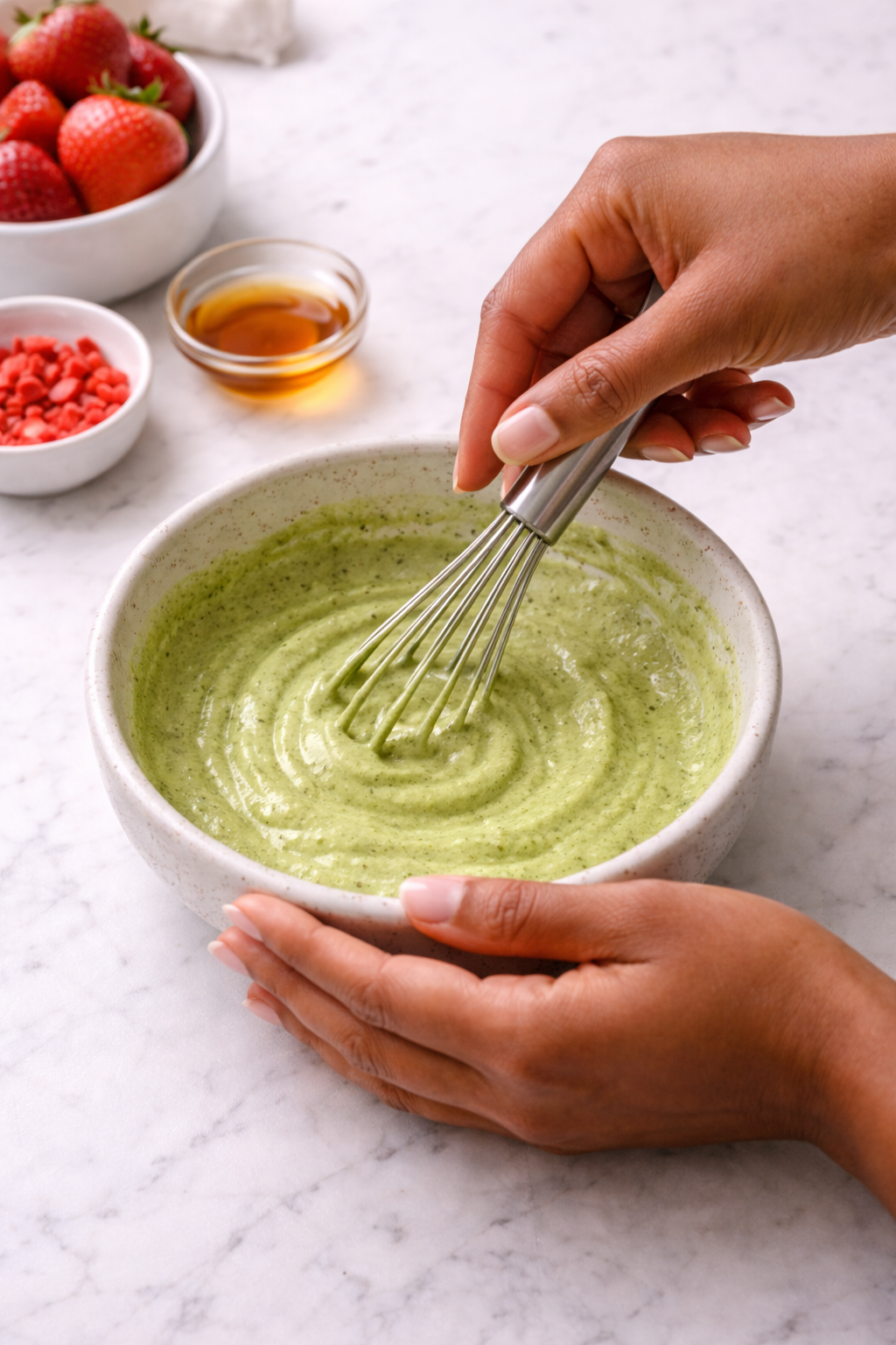 Whisking matcha yogurt filling until smooth