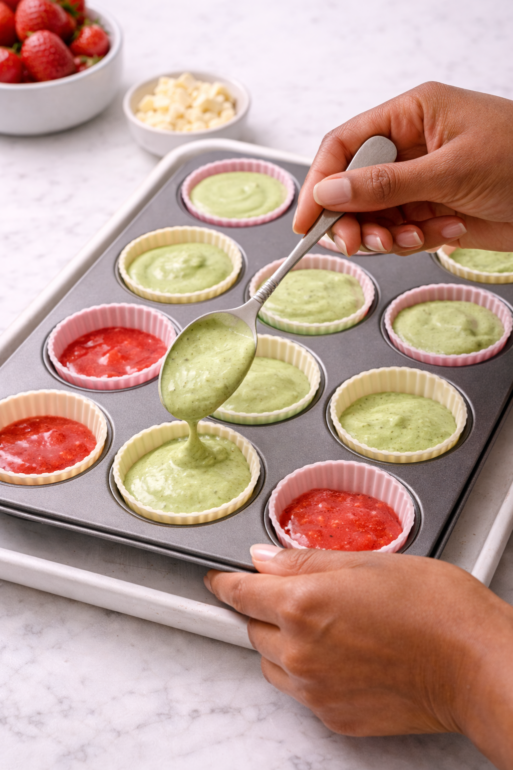 Filling freezer cups with matcha yogurt layer