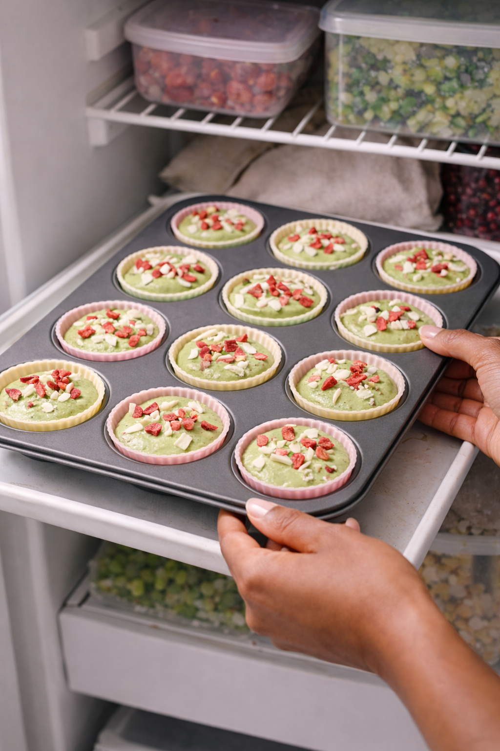 Fully set strawberry matcha freezer cups ready to serve