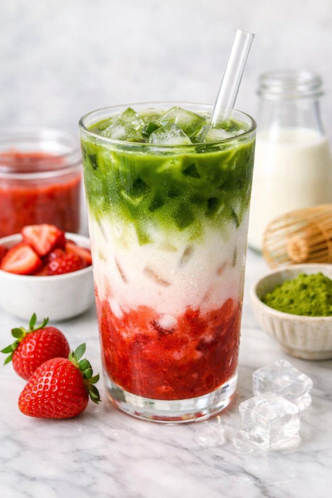 Iced strawberry matcha latte layered with fresh strawberry puree and creamy matcha over ice