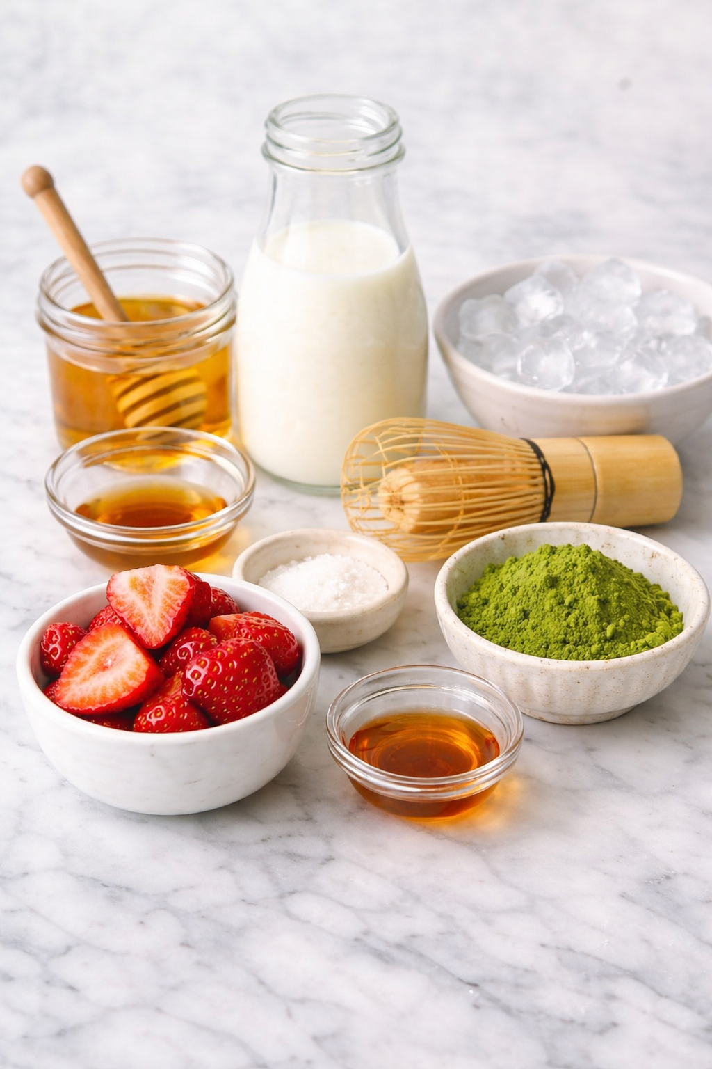 Ingredients for iced strawberry matcha latte including fresh strawberries, matcha powder, milk, ice, and sweetener