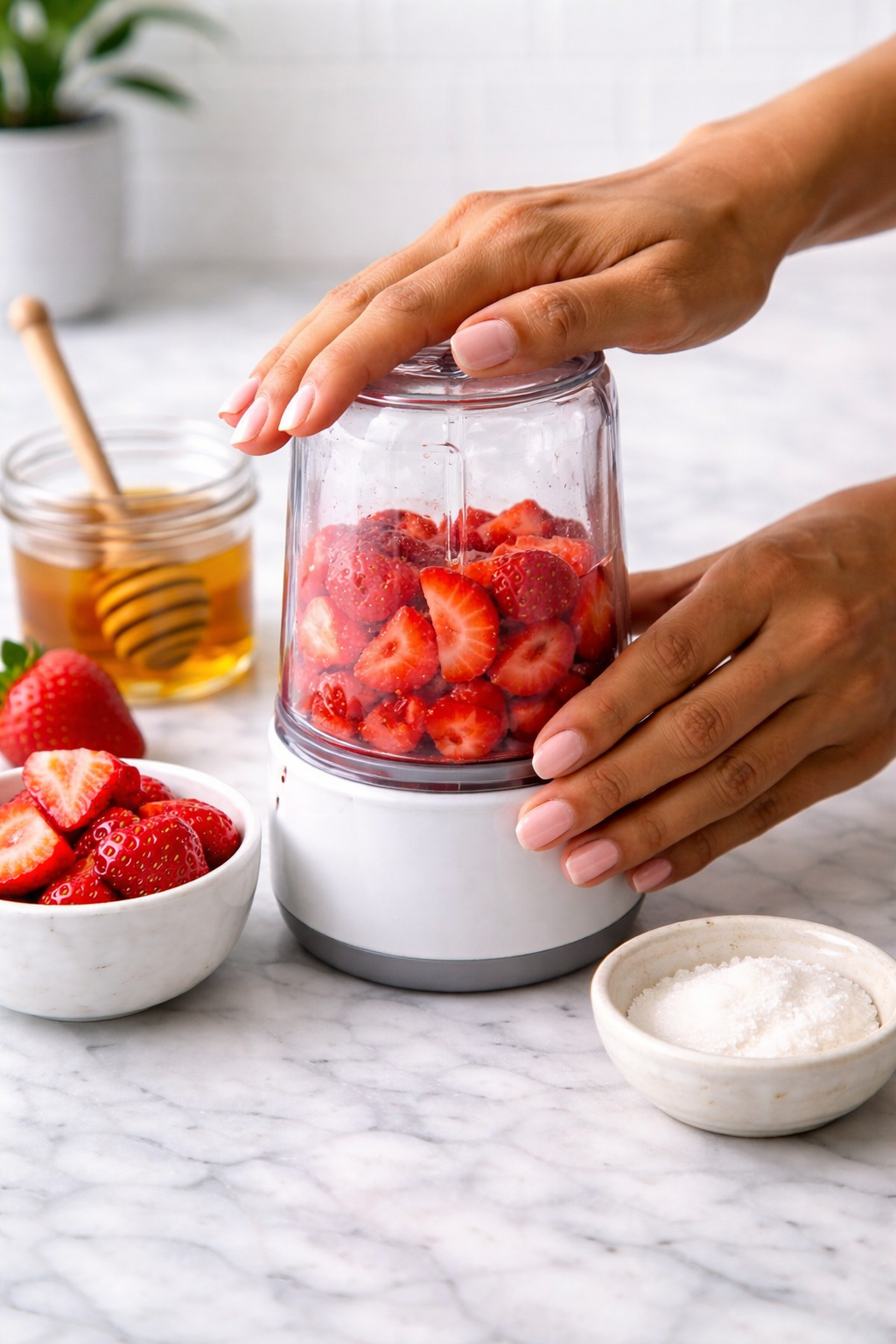 Blending fresh strawberries into a smooth purée for strawberry matcha latte