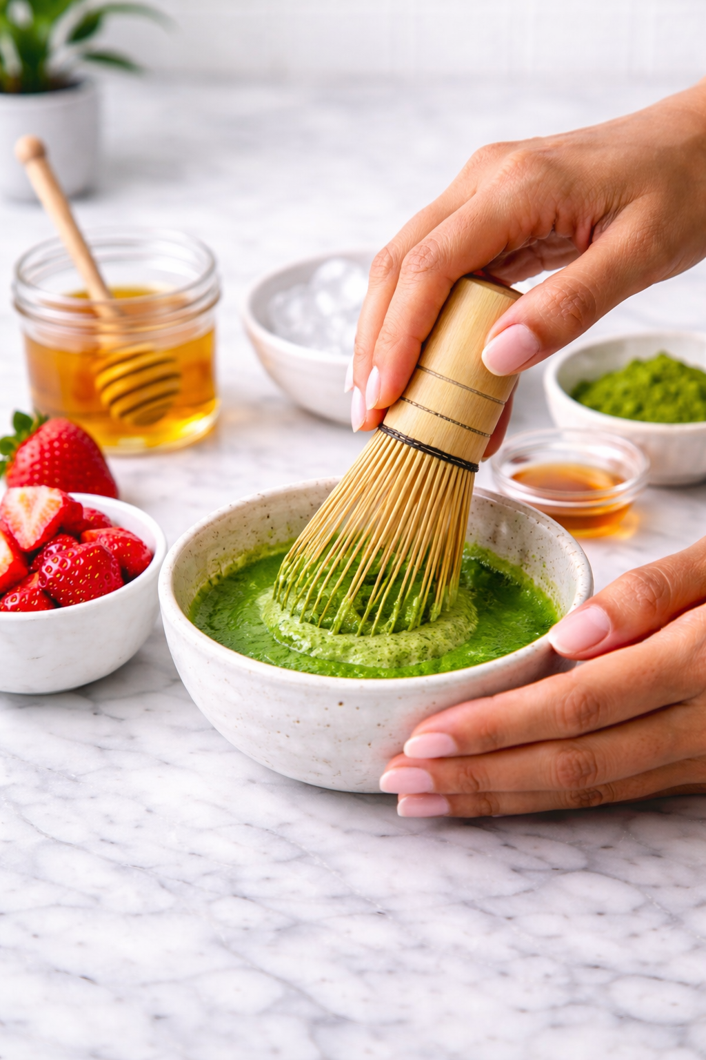 Whisking ceremonial-grade matcha until smooth and frothy
