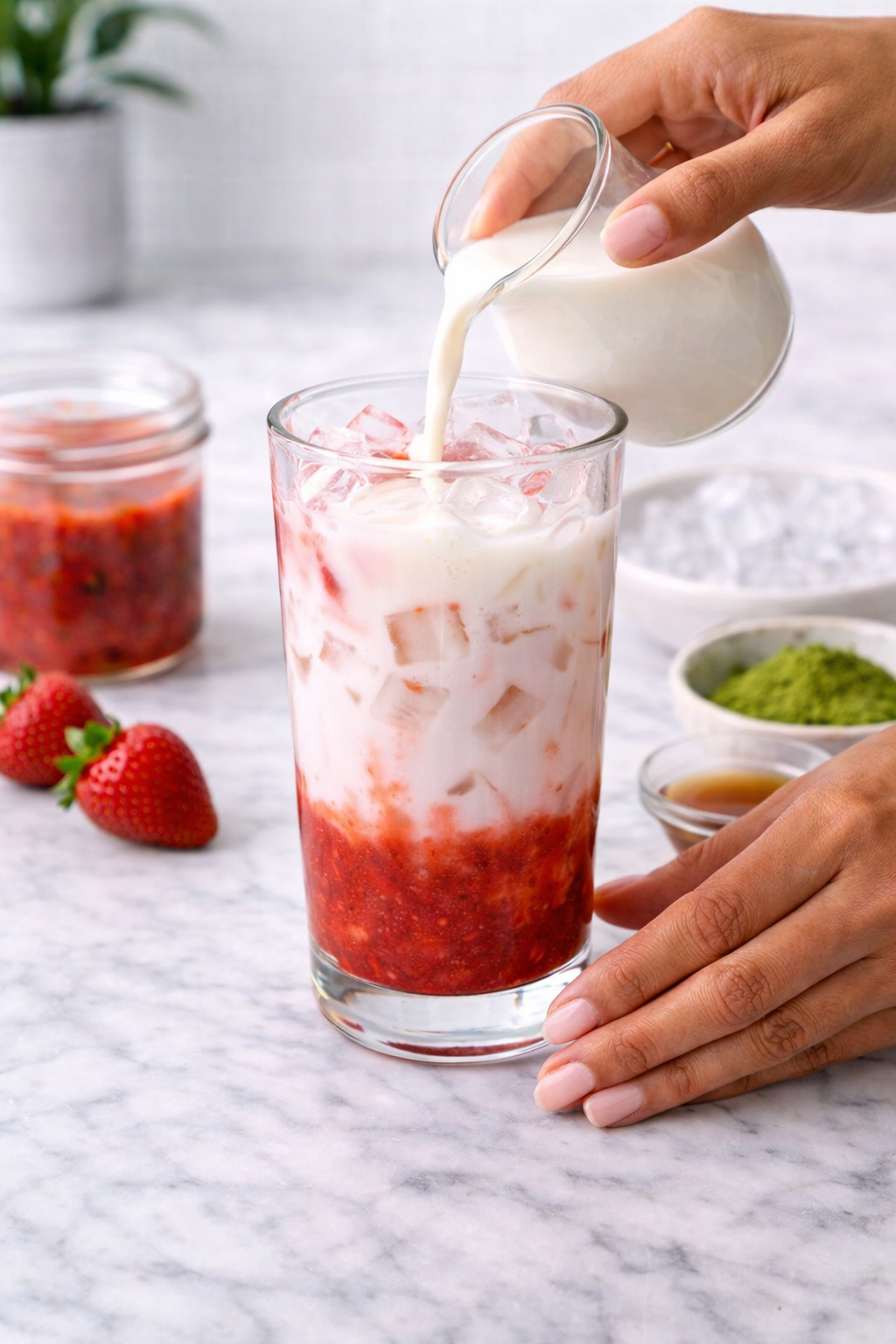 Pouring milk over strawberry purée to create layered iced latte