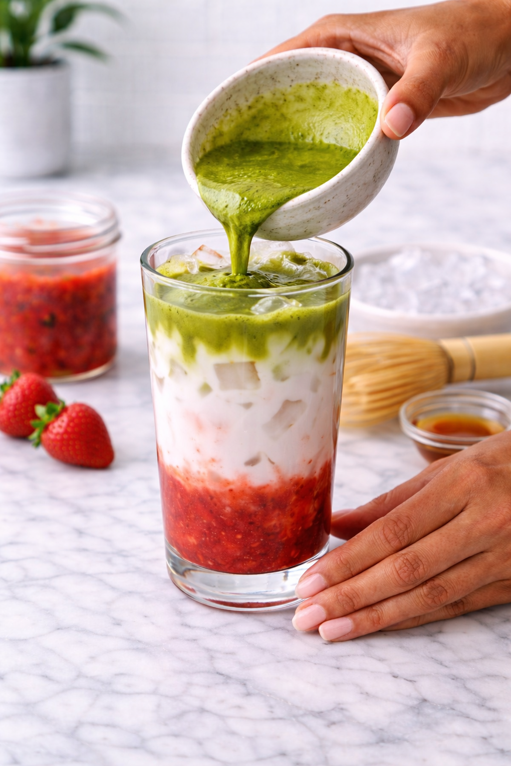 Pouring matcha over milk to create layered strawberry matcha latte