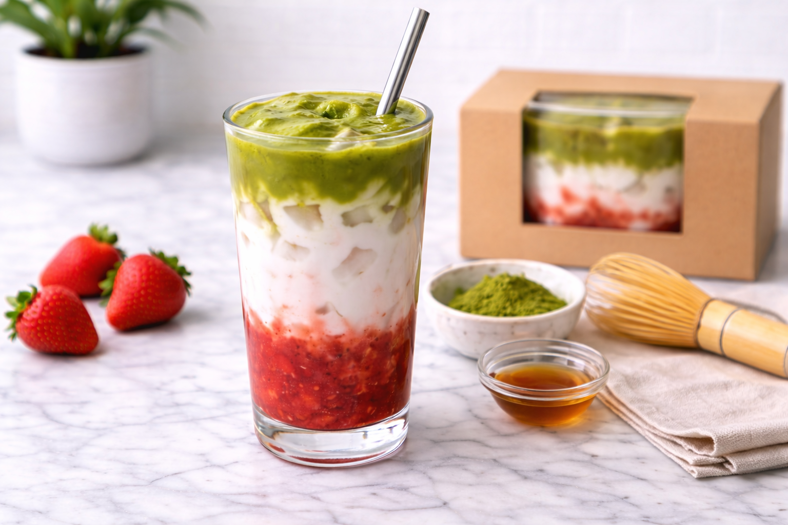 Iced strawberry matcha latte with creamy layers and fresh strawberries
