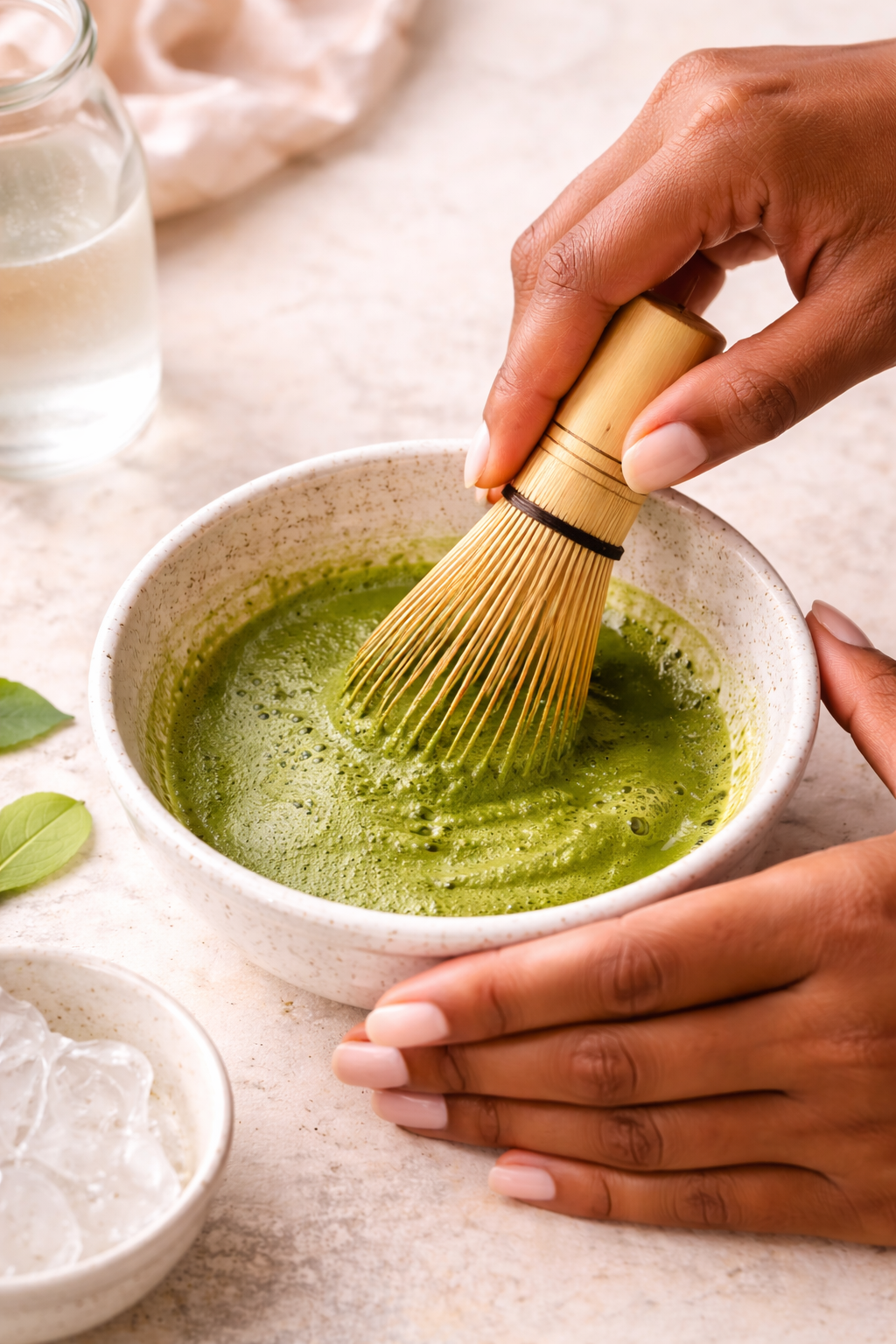 Whisking matcha powder with hot water until smooth and frothy