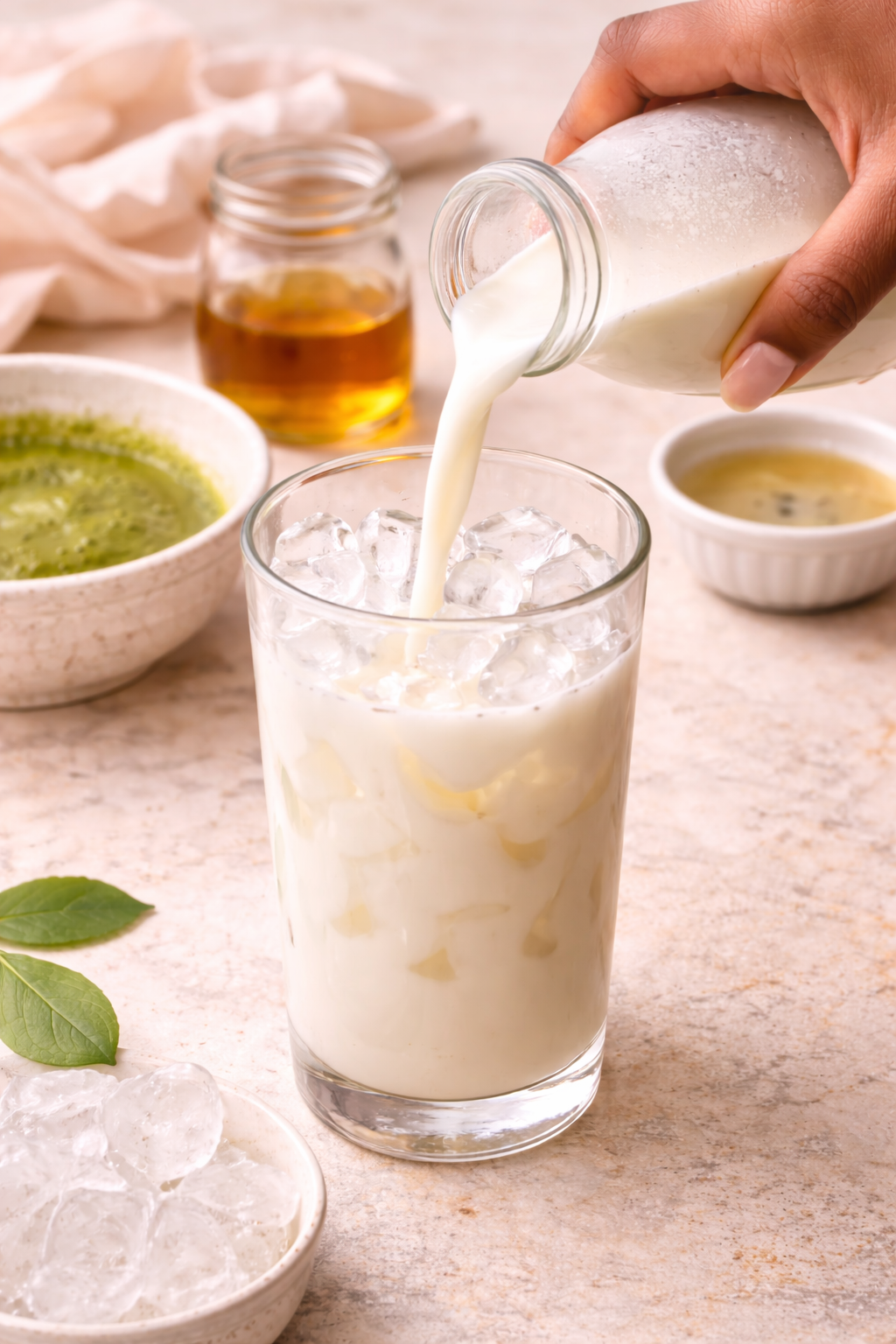 Pouring milk over ice in a tall glass