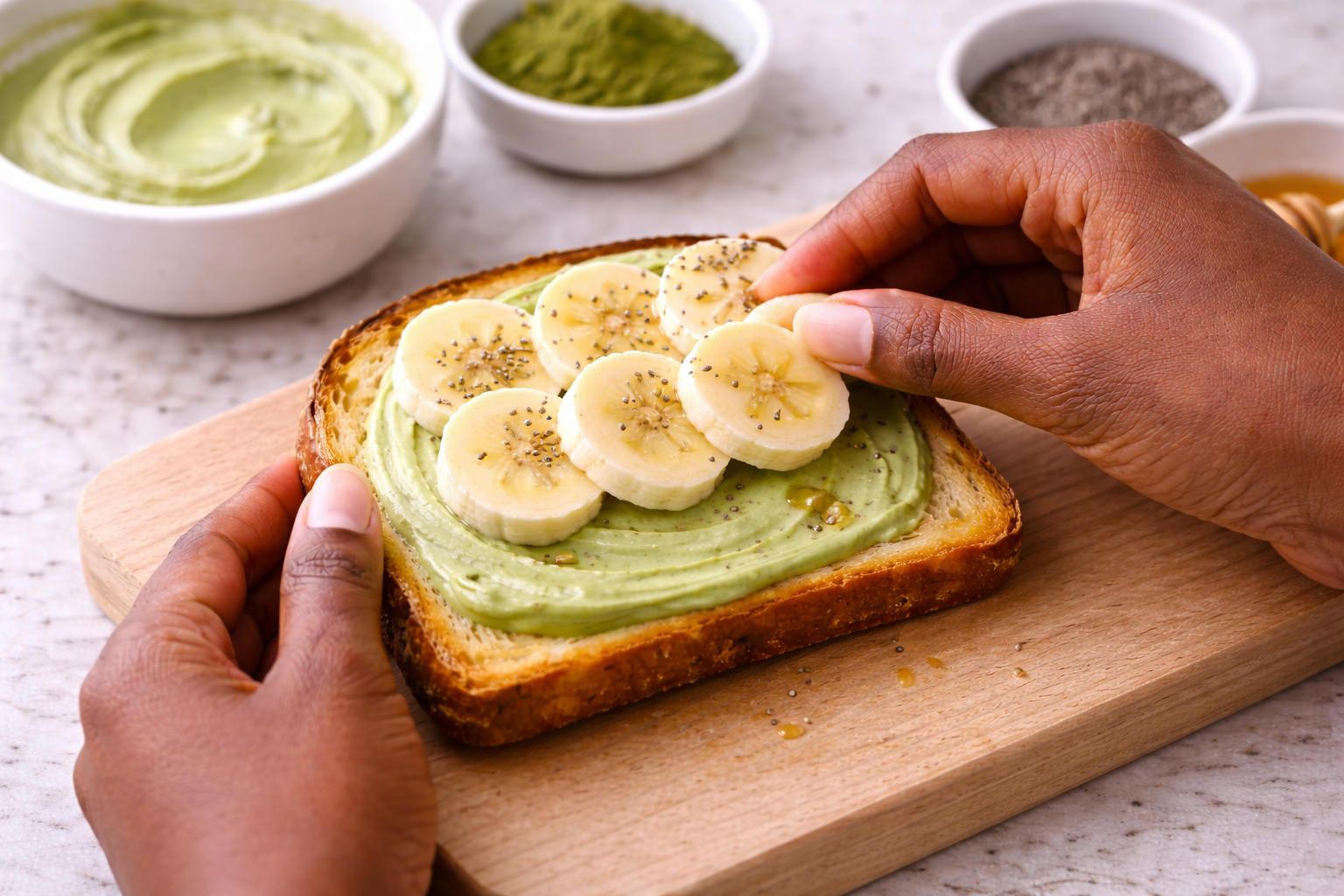 Step 5: Adding banana slices to matcha toast