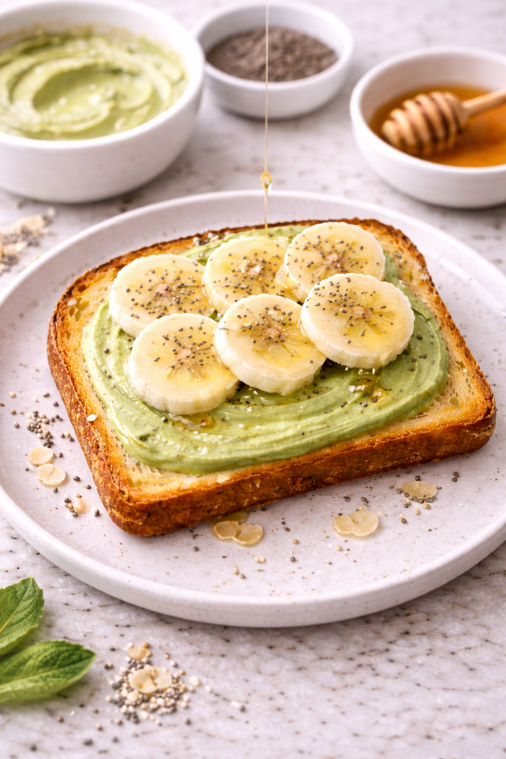 Matcha banana toast topped with creamy green tea spread and sliced bananas
