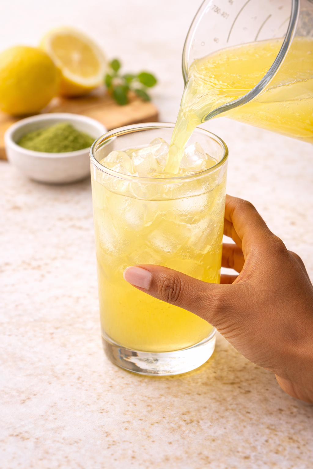 Pouring lemonade mixture over ice in a tall glass