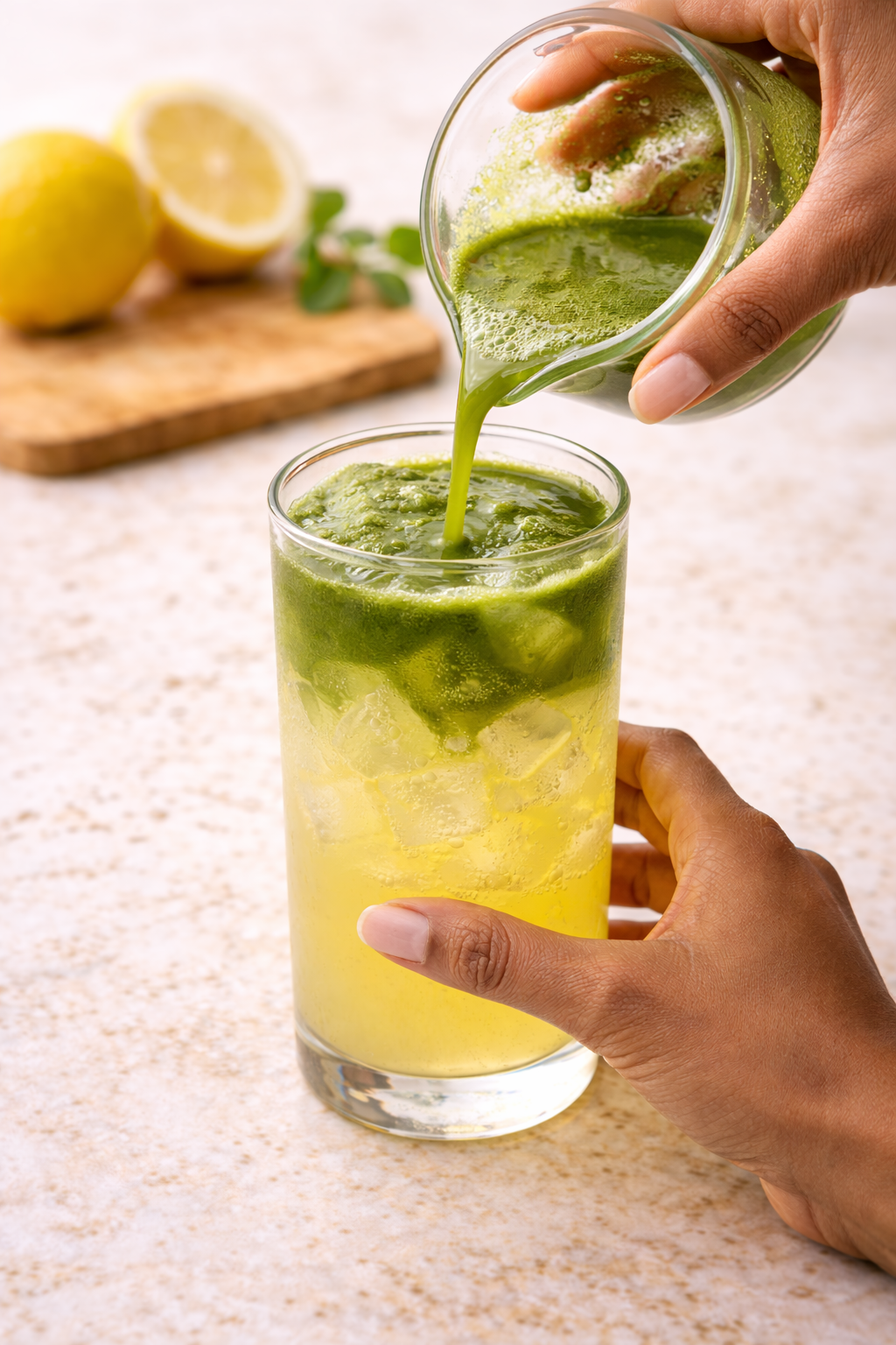 Adding whisked matcha to iced lemonade