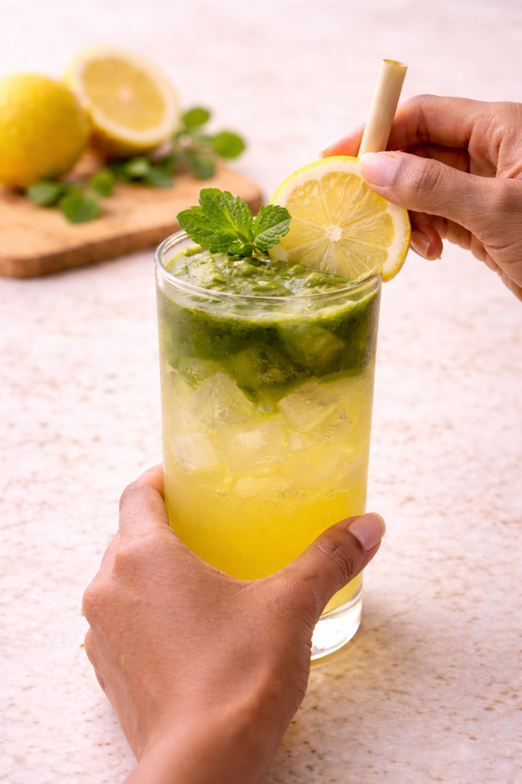 Finished glass of refreshing iced matcha lemonade