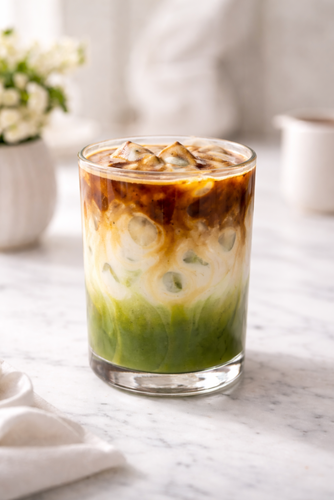 Creamy dirty matcha latte made with smooth matcha and fresh espresso over ice