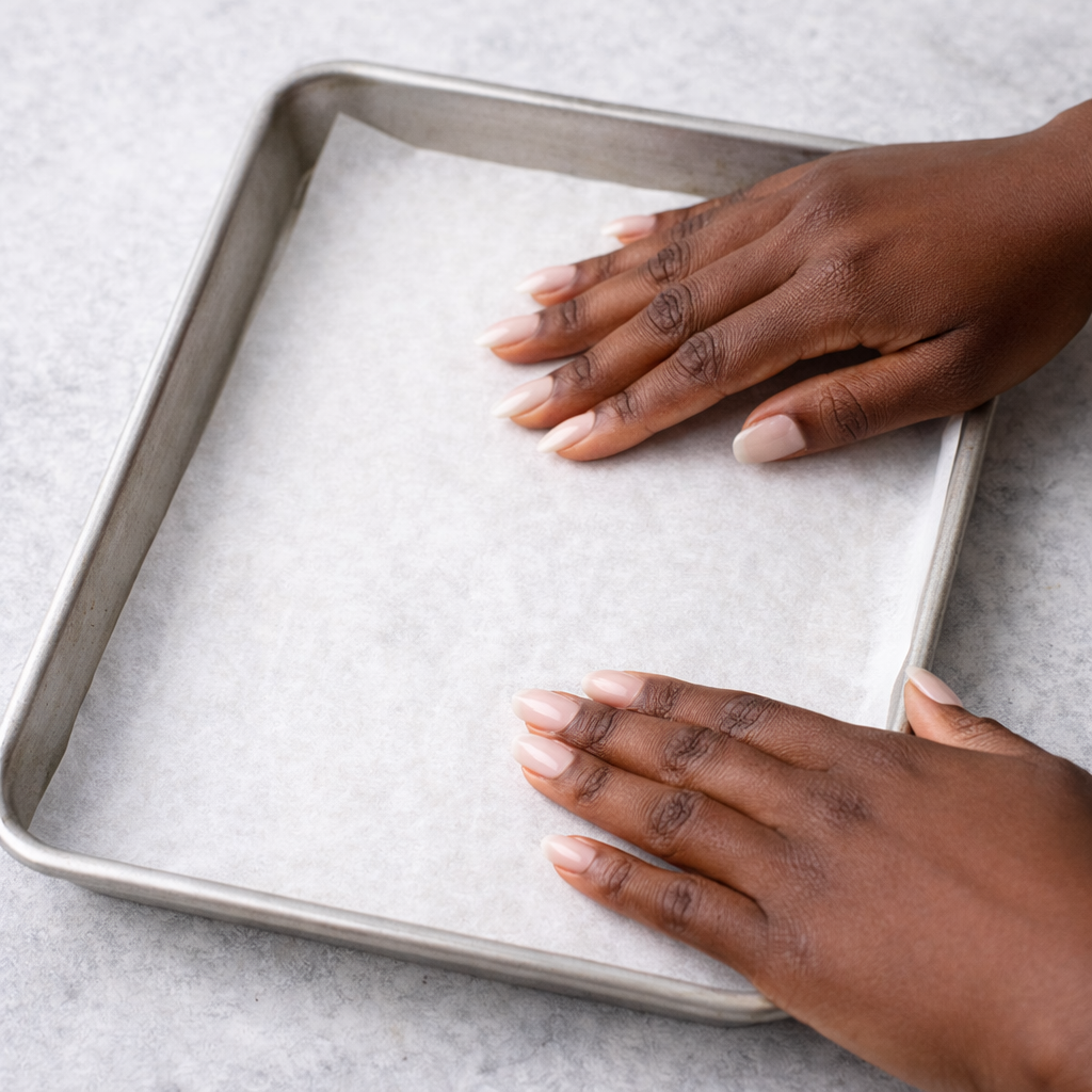 Preparing parchment paper for matcha chocolate clusters
