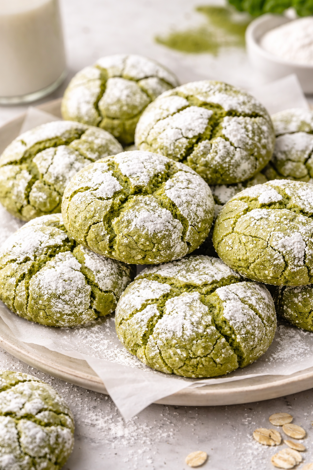soft and chewy matcha crinkle cookies dusted with powdered sugar