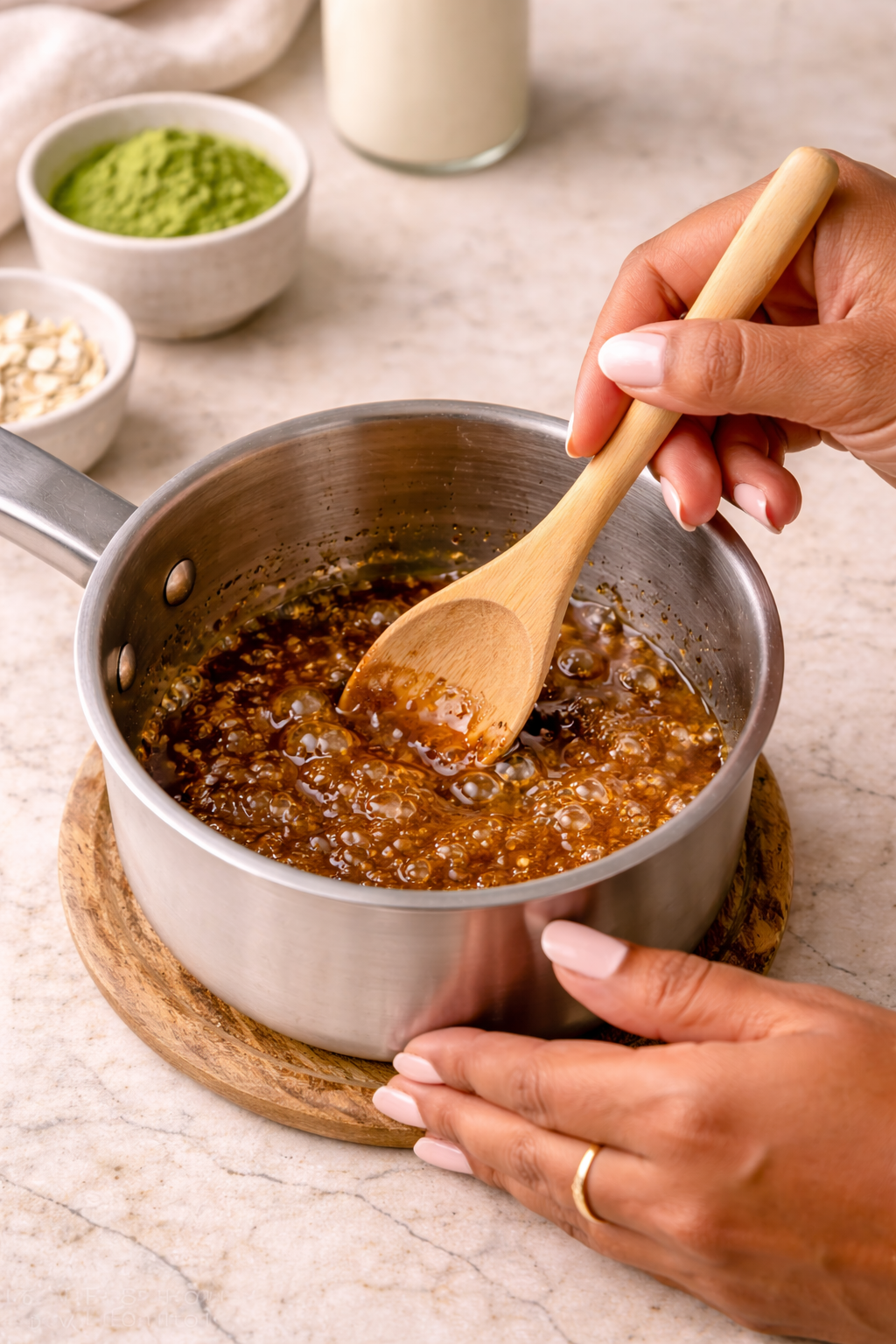 Step 1: Brown sugar syrup melting in a small saucepan