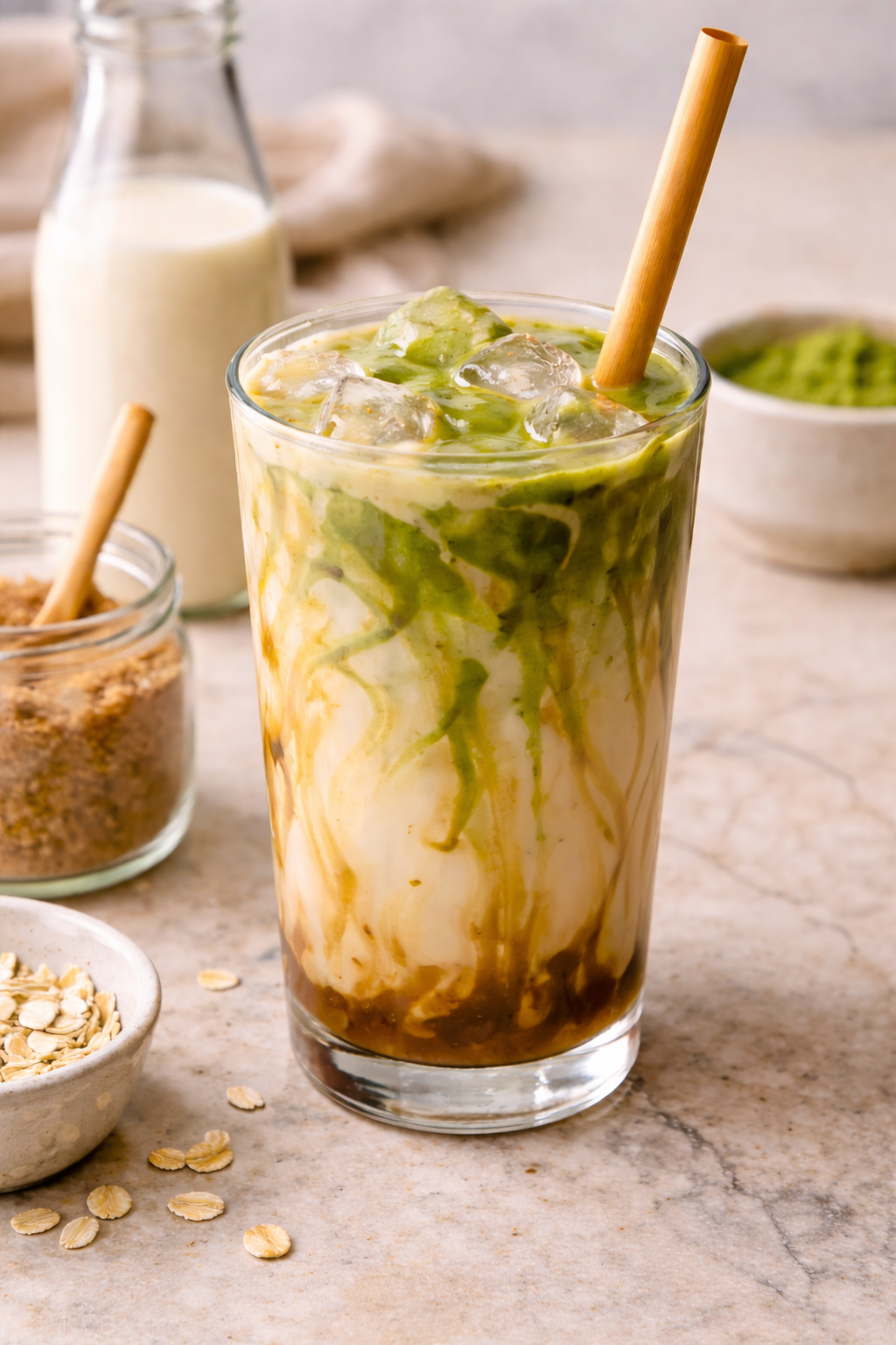Iced matcha brown sugar oat milk latte with creamy layered texture