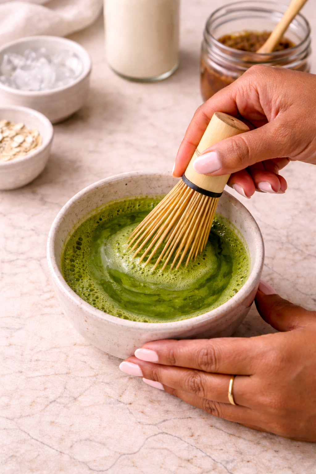 Step 2: Whisking matcha with warm water until smooth