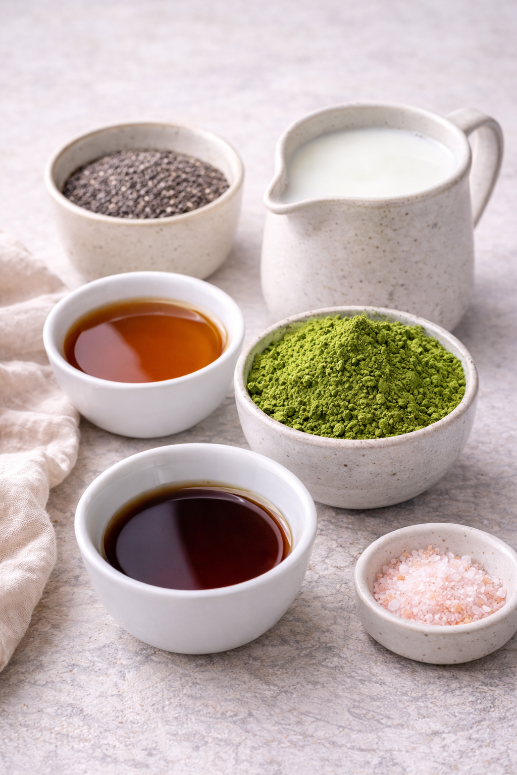 Ingredients for matcha chia pudding including ceremonial-grade matcha, chia seeds, milk, maple syrup, and vanilla