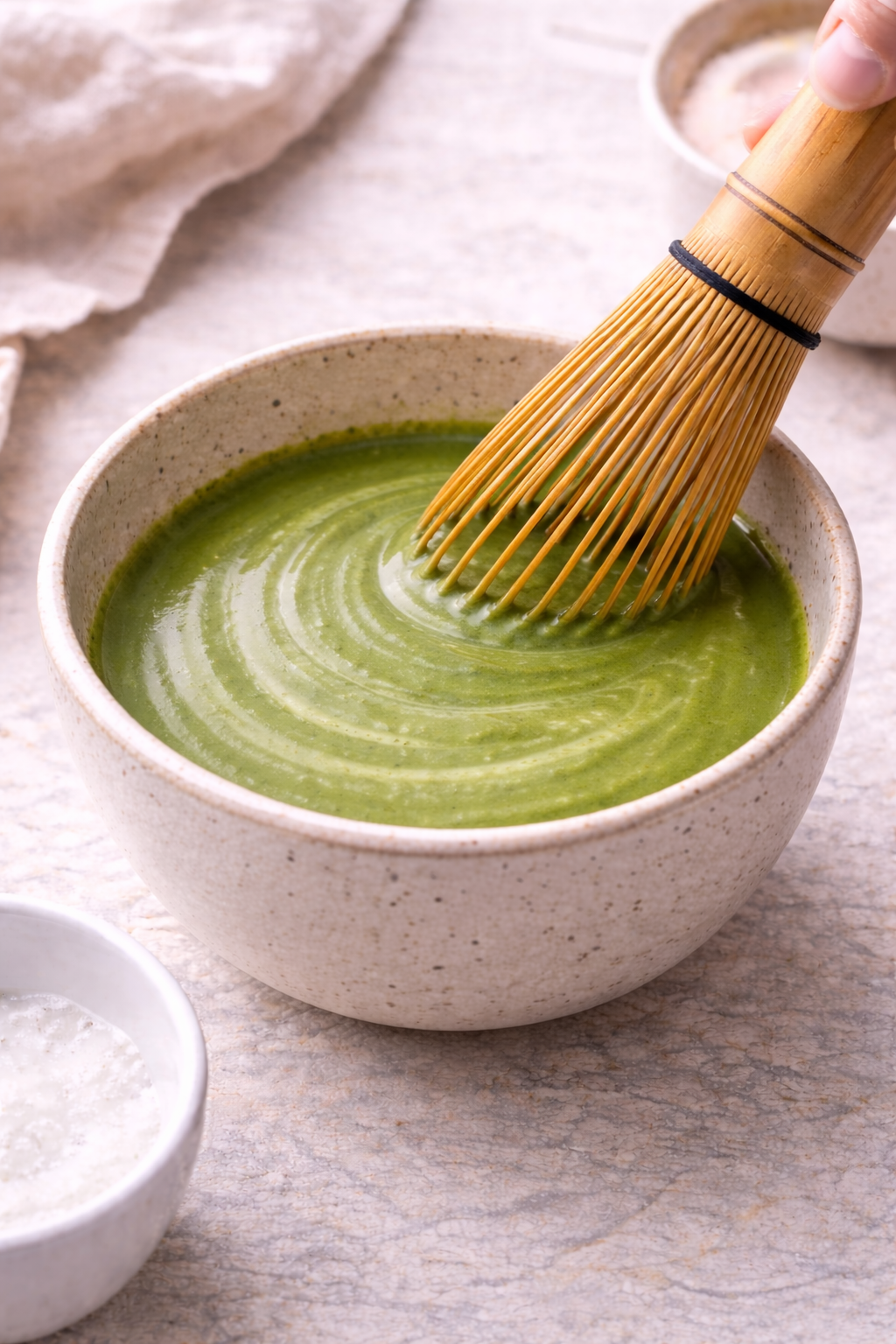 Step 1: Whisking matcha powder with warm milk until smooth