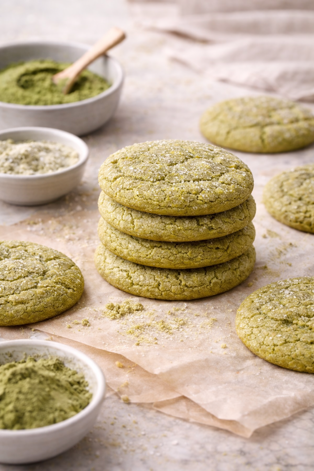 Soft and chewy matcha cookies with a bakery-style texture and vibrant green color