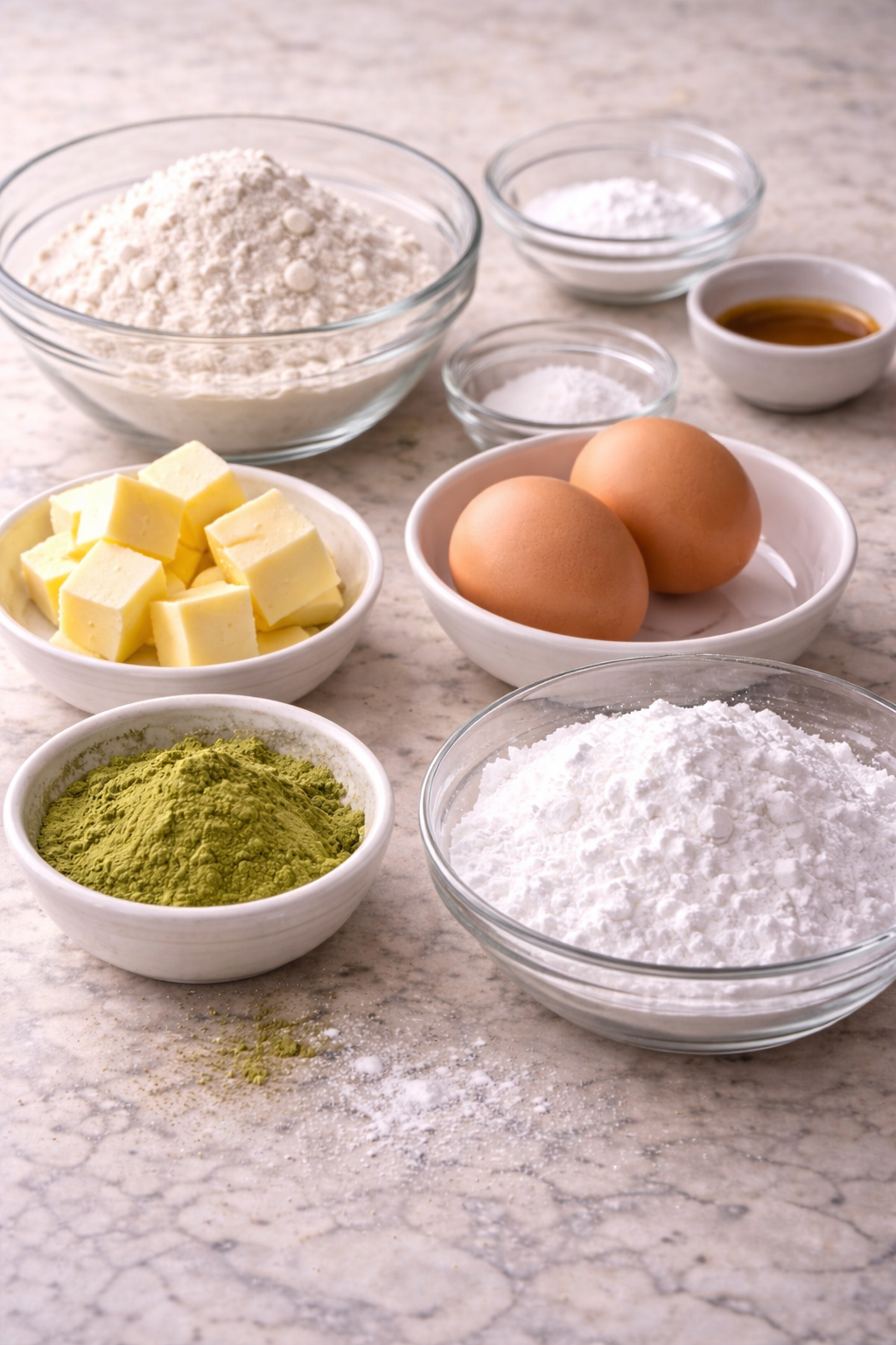Ingredients for matcha crinkle cookies including matcha powder, flour, sugar, eggs, butter, and powdered sugar