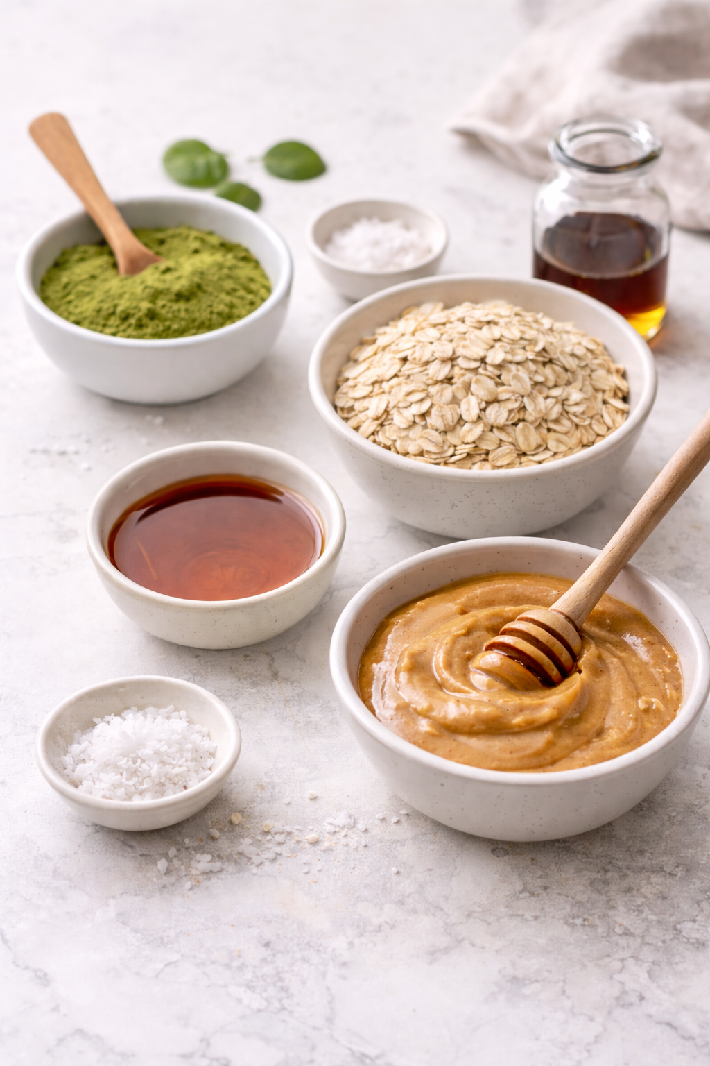 Ingredients for matcha energy bites including oats, almond butter, honey, ceremonial-grade matcha, and vanilla