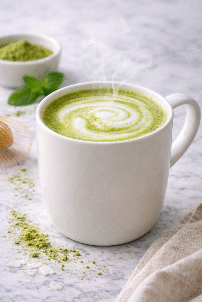 smooth and creamy matcha latte in a ceramic mug