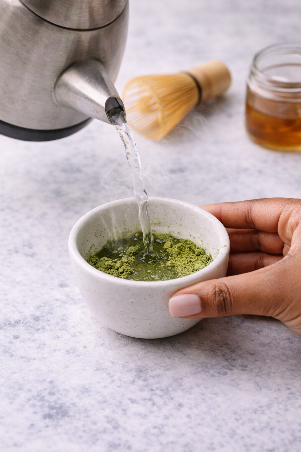 Step 1: Matcha powder in a small bowl with hot water for an iced matcha latte