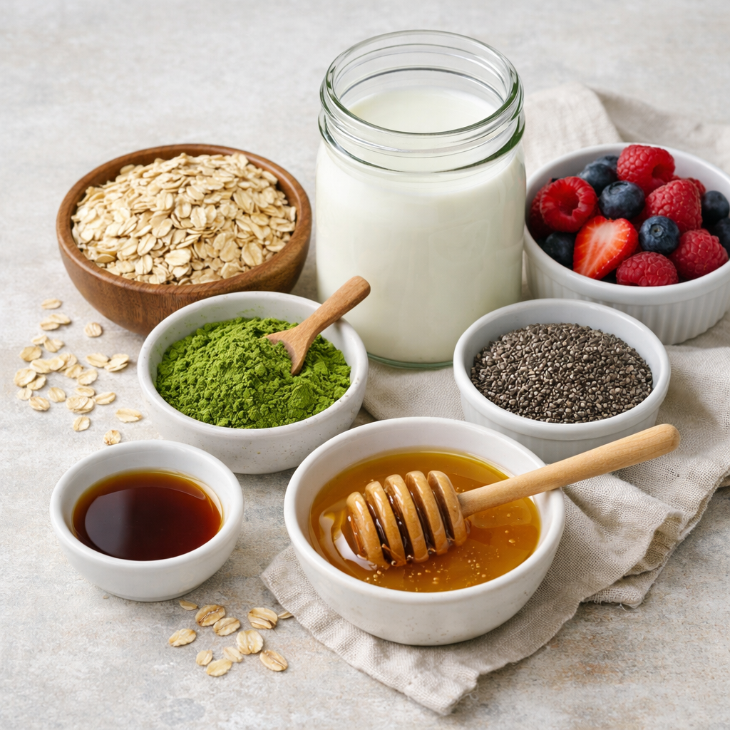 Ingredients for matcha overnight oats including rolled oats, ceremonial-grade matcha, milk, honey, and vanilla