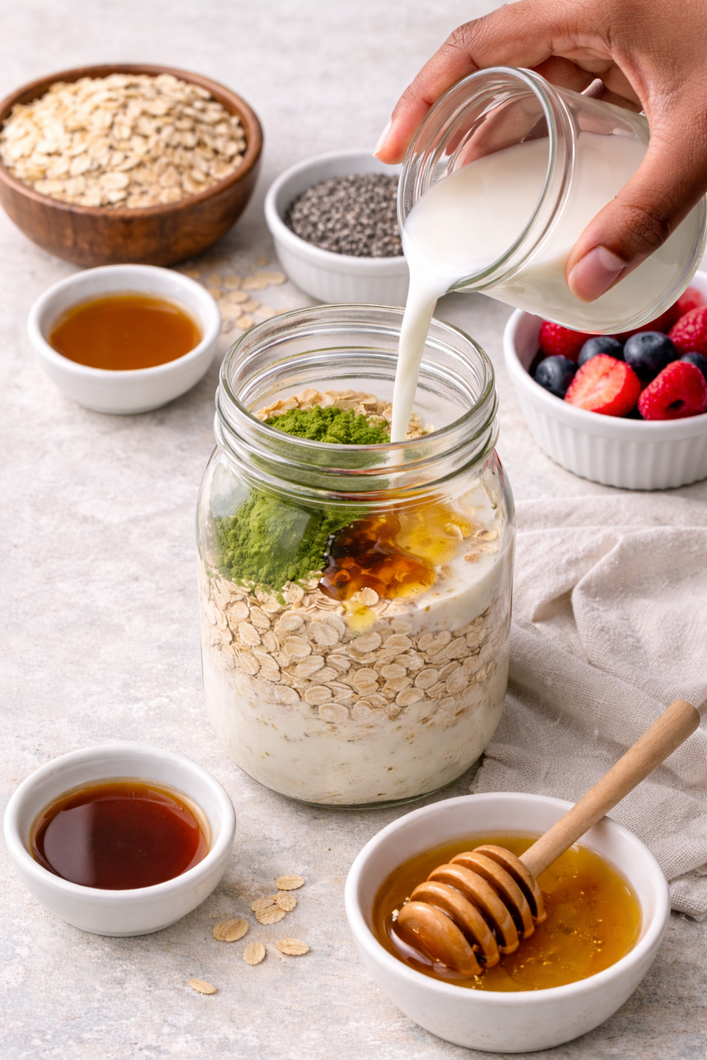 Step 1: Adding oats, matcha, milk, and sweetener to a bowl for overnight oats