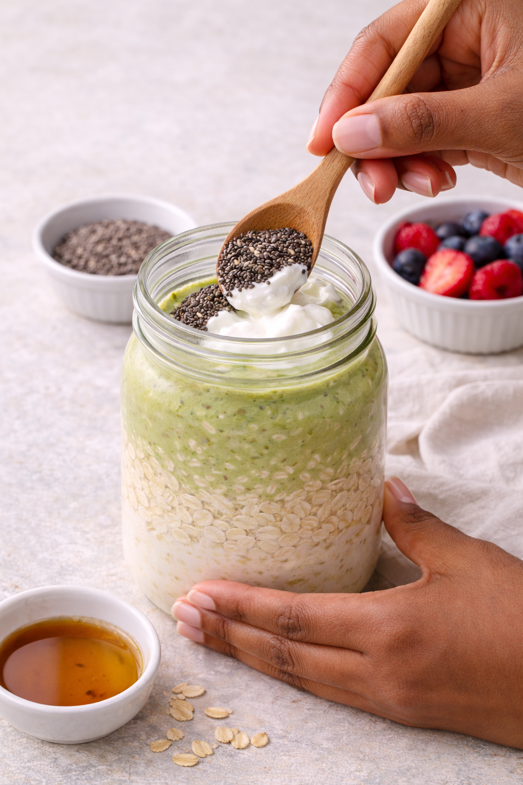 Step 3: Adding chia seeds to matcha overnight oats