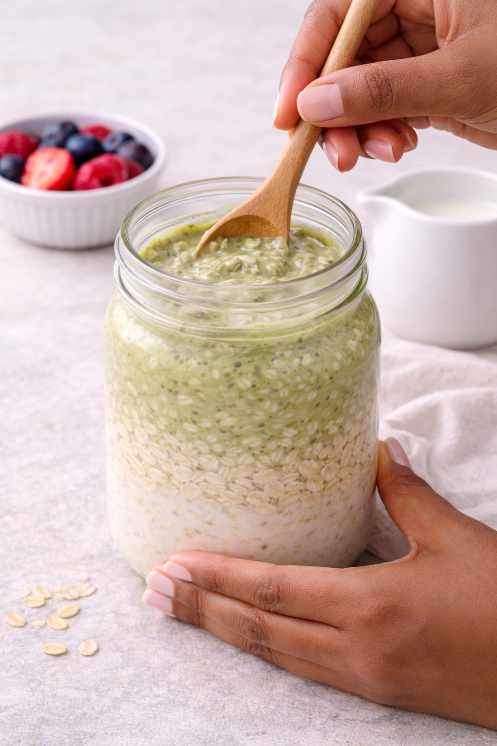 Step 5: Stirring chilled matcha overnight oats before serving
