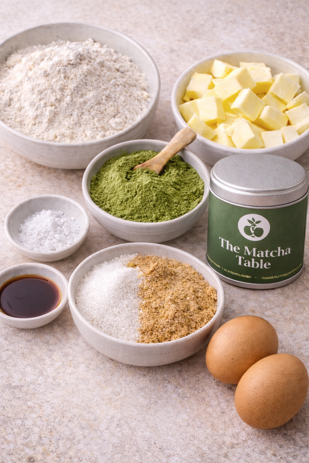 Ingredients for matcha cookies including matcha powder, flour, sugar, butter, eggs, and vanilla