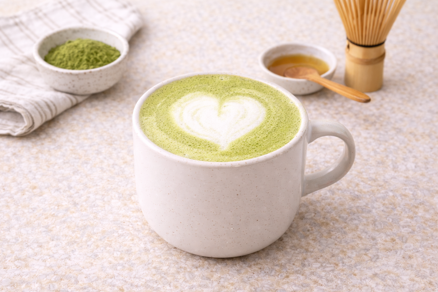 Creamy homemade matcha latte with milk foam