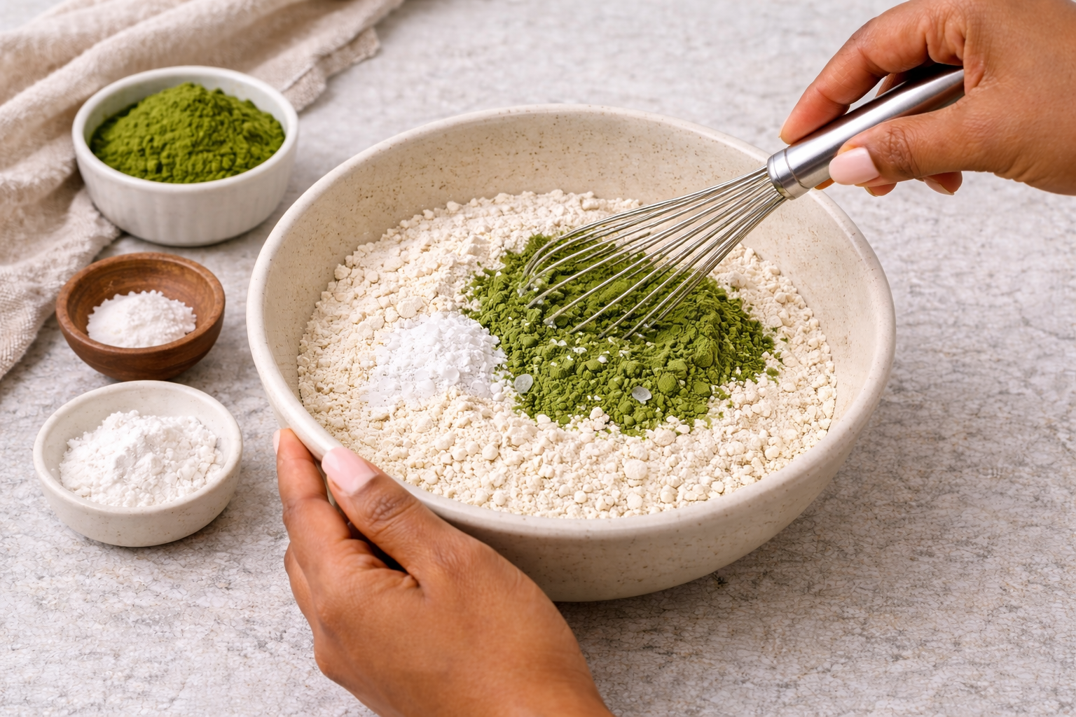 Step 2: Whisking dry ingredients for matcha donuts