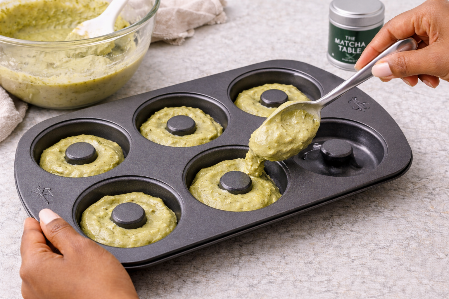 Step 5: Filling donut pan with matcha donut batter
