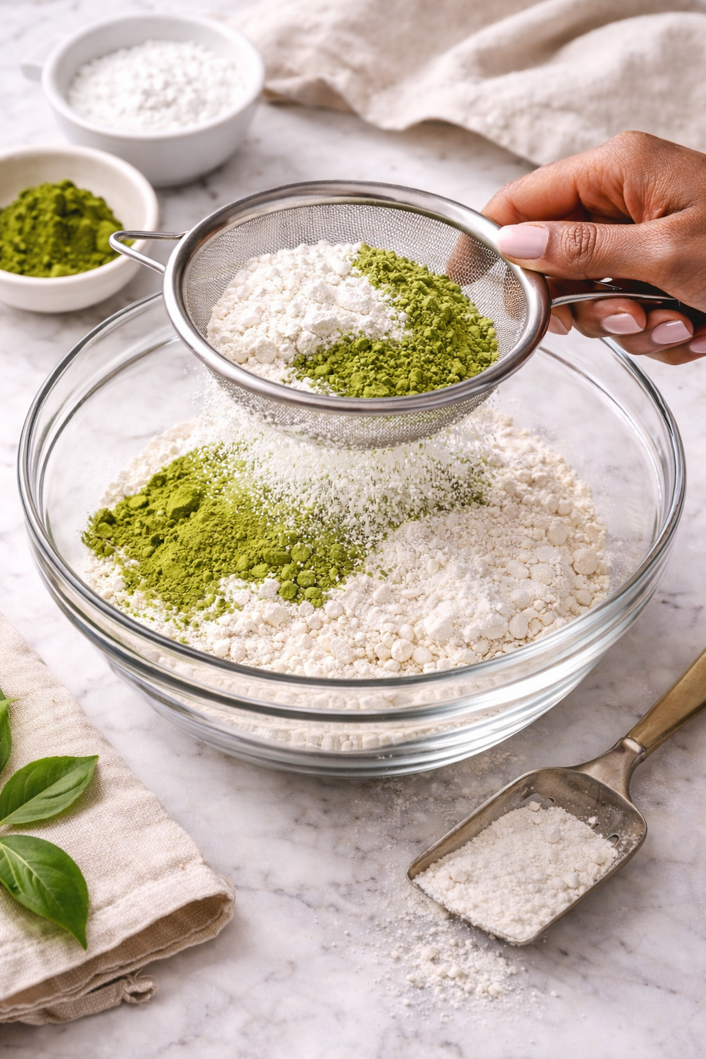 Sifting dry ingredients with matcha powder
