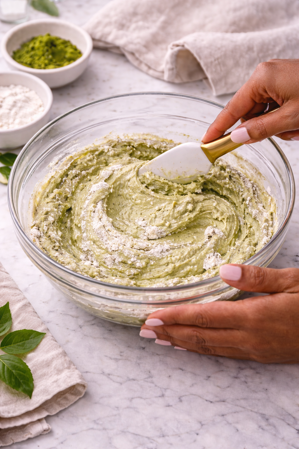 Folding matcha batter until just combined