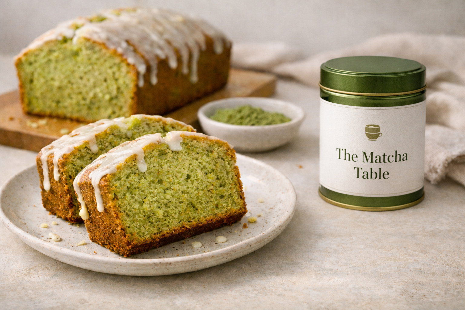 Moist matcha pound cake slices with a tender crumb and a soft green matcha hue