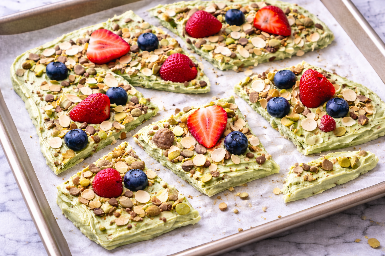 Frozen matcha yogurt bark with berries, nuts, and coconut flakes on parchment paper