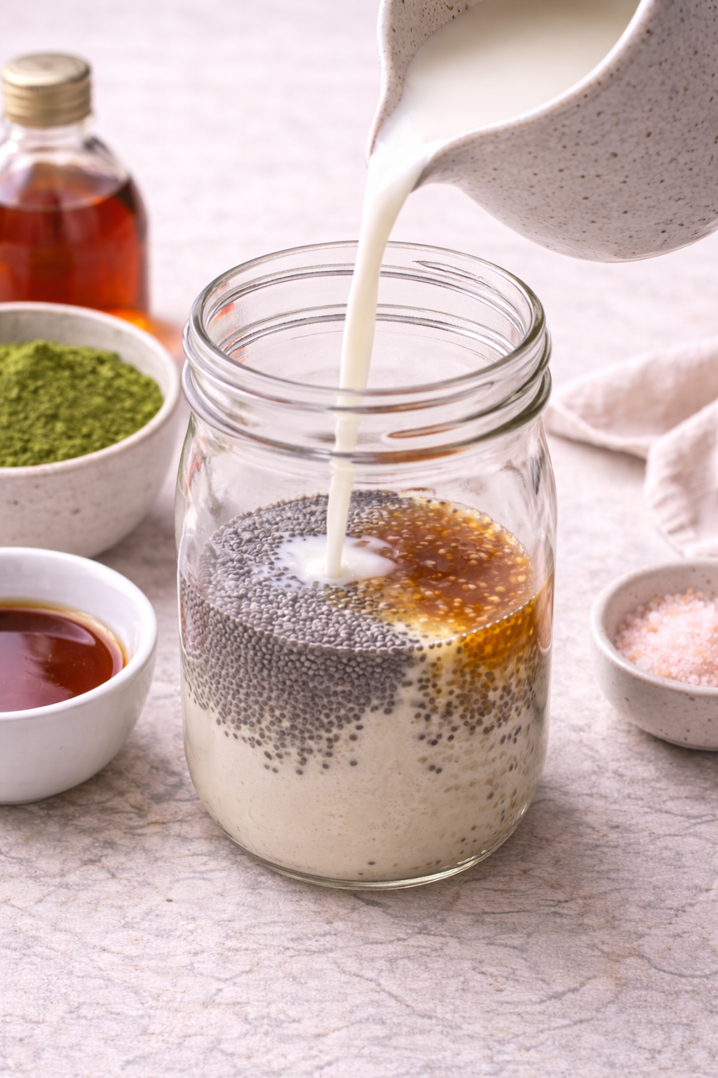 Step 2: Adding chia seeds and milk to a mason jar