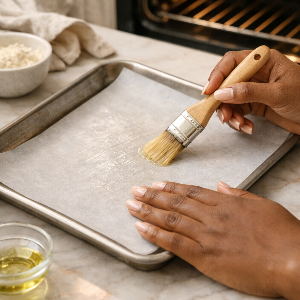 Step 1: Lining a baking sheet with parchment paper for matcha cookies